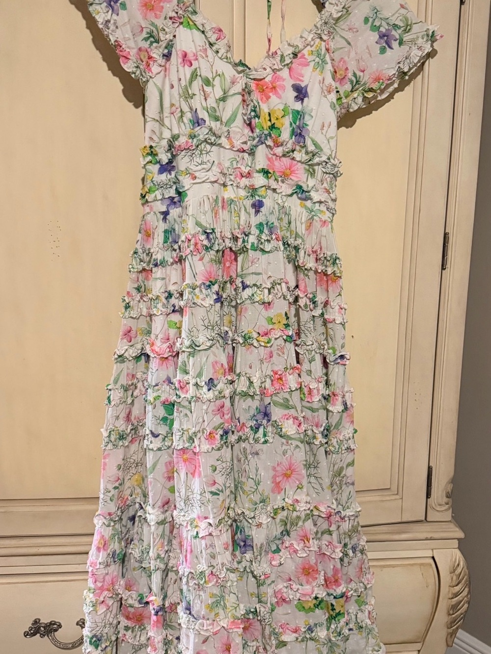 Mac Duggal White Floral Ruffle Tiered Sundress with Pink & Green Accents